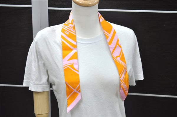Authentic HERMES Twilly Scarf "Les Coupes Tattoo" Silk Orange Pink Box 3149D