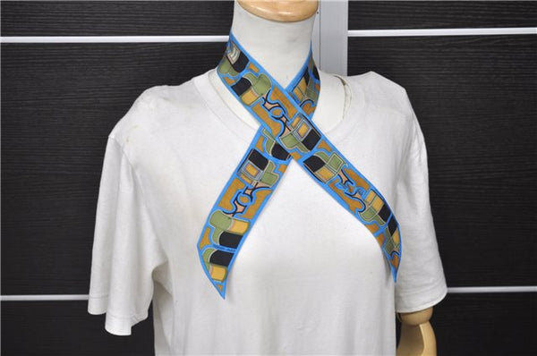 Authentic HERMES Twilly Scarf "LES COUPES" Silk Blue Yellow 3152D