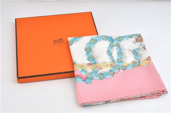 Authentic HERMES Carre 90 Scarf "LE SACRE DU PRINTEMPS" Silk Pink Box 3154D