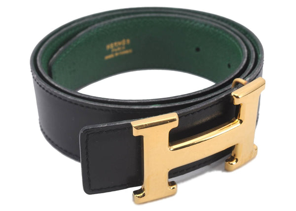 Authentic HERMES Constance Ladies Leather Belt Size 70cm 27.6" Black Green 3159D