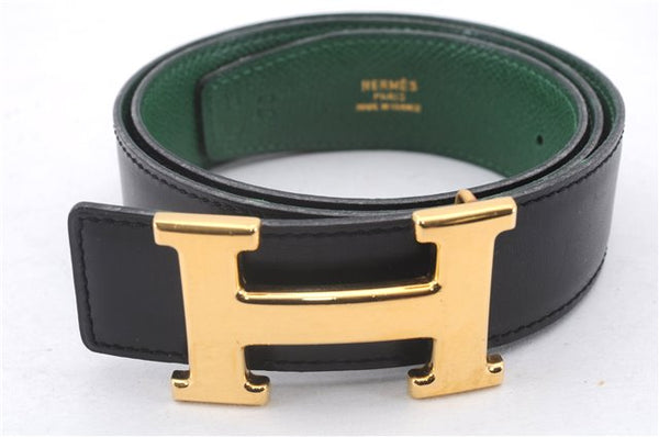 Authentic HERMES Constance Ladies Leather Belt Size 70cm 27.6" Black Green 3159D