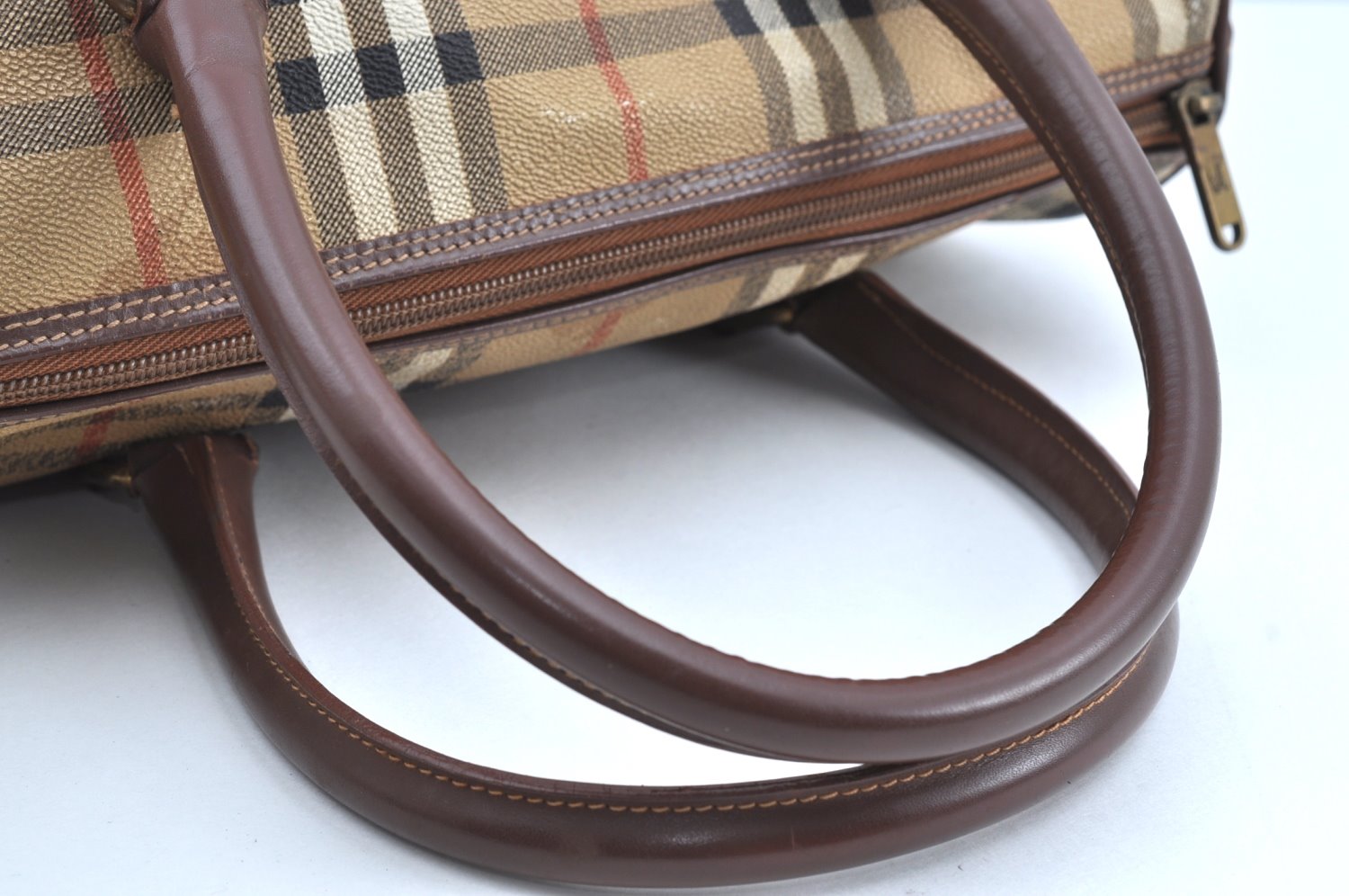 Authentic Burberrys Nova Check PVC Leather Hand Boston Bag Brown Beige 3159G