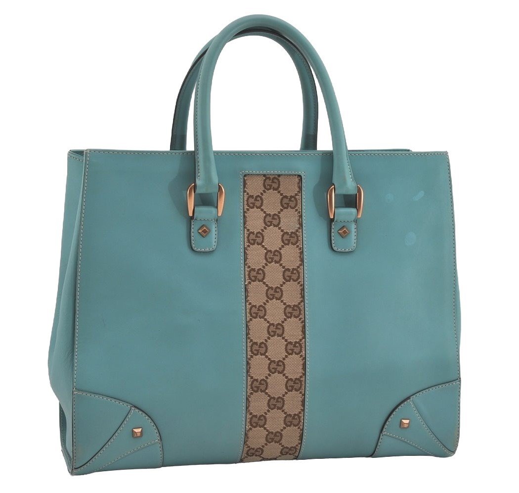 Authentic GUCCI Vintage Hand Tote Bag Leather Canvas 120897 Light Blue 3160I
