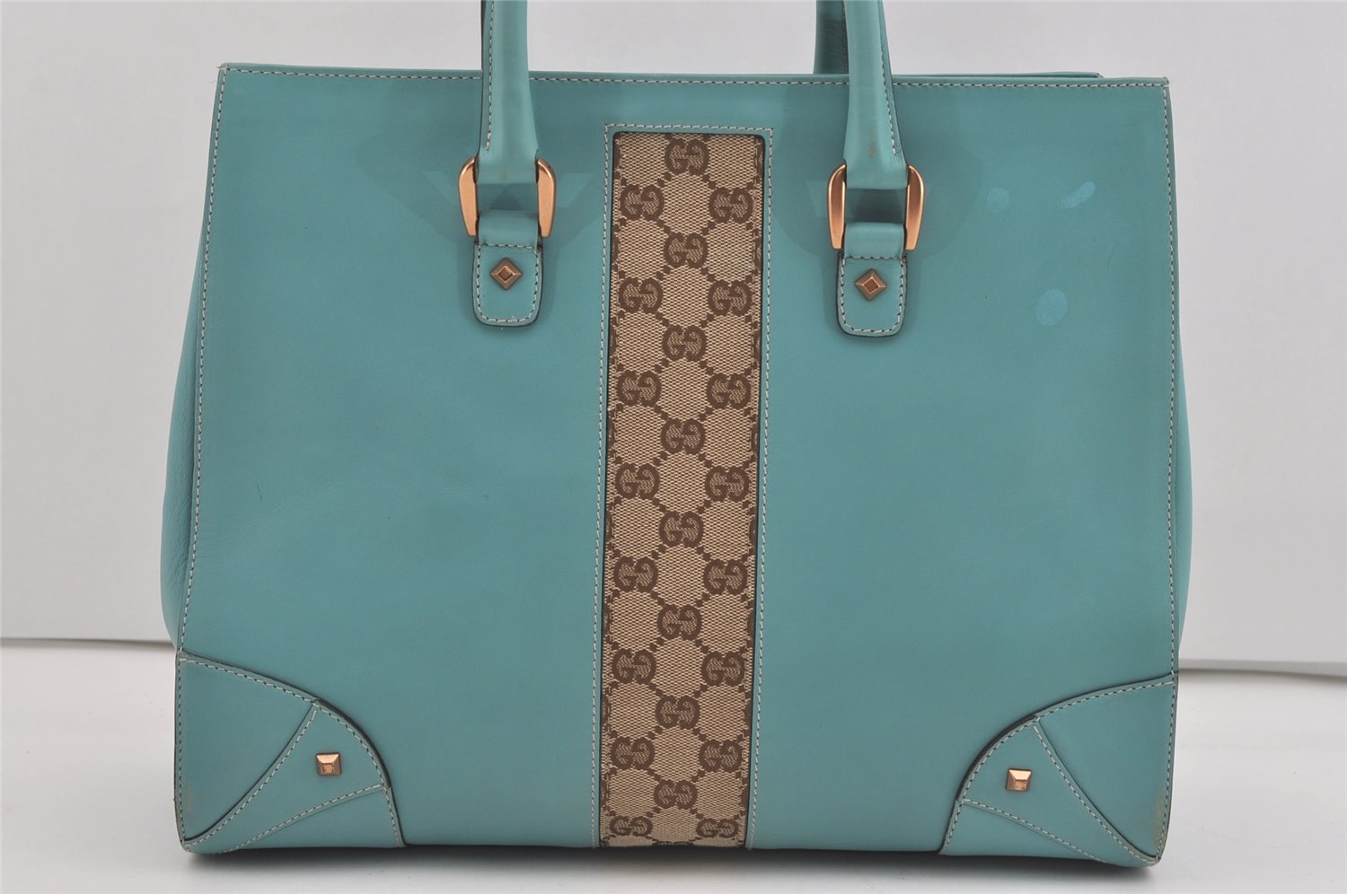 Authentic GUCCI Vintage Hand Tote Bag Leather Canvas 120897 Light Blue 3160I