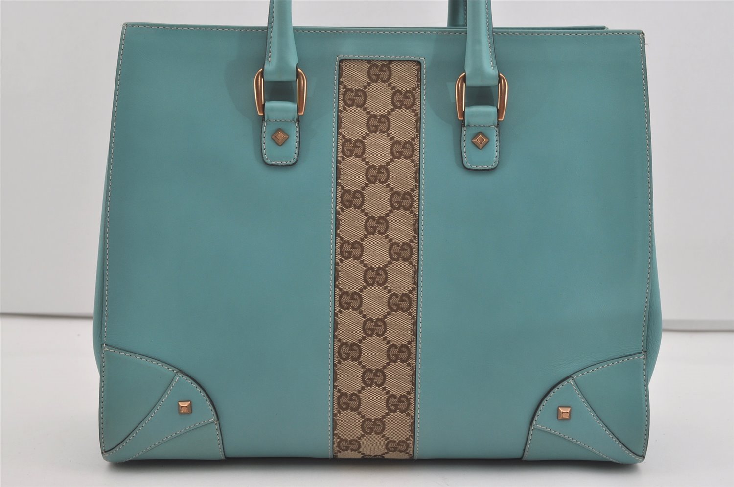 Authentic GUCCI Vintage Hand Tote Bag Leather Canvas 120897 Light Blue 3160I