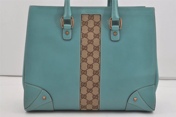 Authentic GUCCI Vintage Hand Tote Bag Leather Canvas 120897 Light Blue 3160I