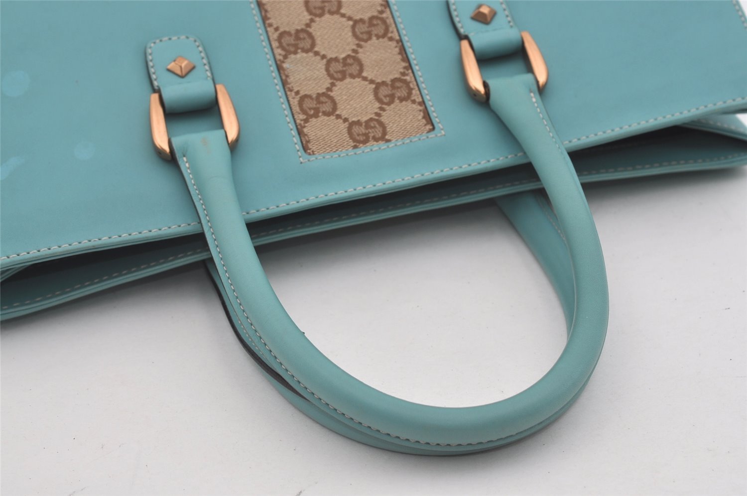 Authentic GUCCI Vintage Hand Tote Bag Leather Canvas 120897 Light Blue 3160I