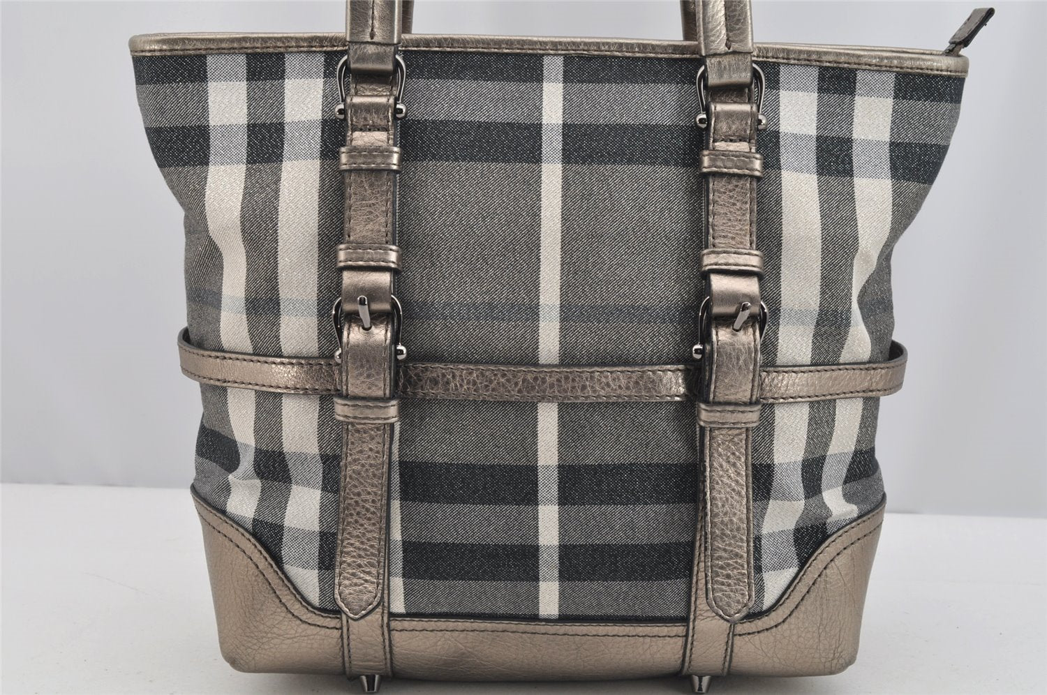 Authentic BURBERRY Vintage Check Shoulder Tote Bag Canvas Leather Gray 3166I