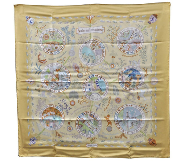 Authentic HERMES Carre 90 Scarf "Escales mediterraneennes" Silk Yellow Box 3173C