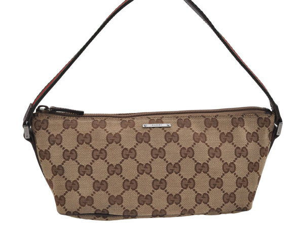 Authentic GUCCI Web Sherry Line Hand Bag Pouch GG Canvas Leather Brown 3176E