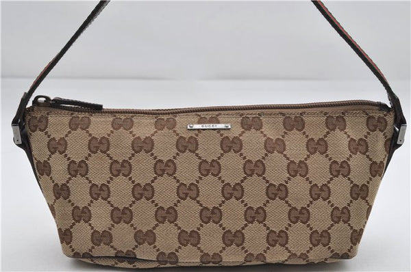 Authentic GUCCI Web Sherry Line Hand Bag Pouch GG Canvas Leather Brown 3176E