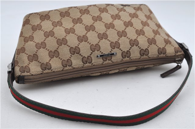 Authentic GUCCI Web Sherry Line Hand Bag Pouch GG Canvas Leather Brown 3176E