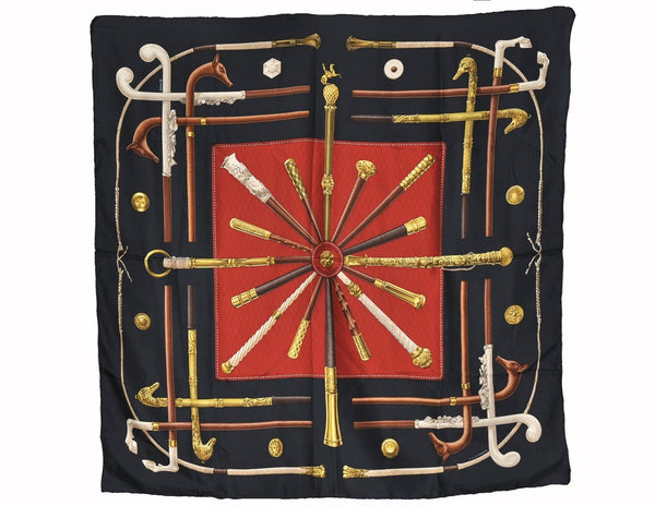 Authentic HERMES Carre 90 Scarf "CANNES ET POMMEAUX" Silk Black 3186F