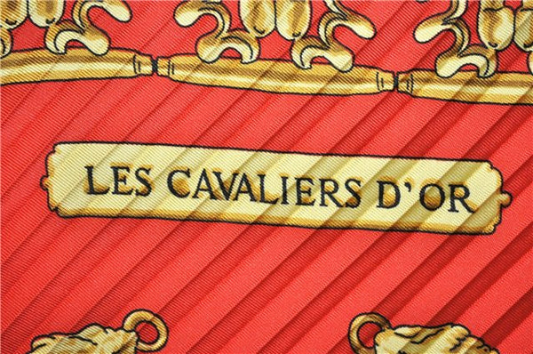 Authentic HERMES Pleats Scarf "LES CAVALIERS D'OR" Silk Red Box 3187F