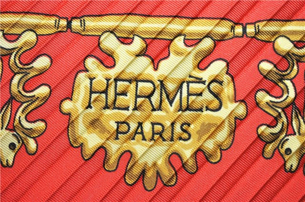 Authentic HERMES Pleats Scarf "LES CAVALIERS D'OR" Silk Red Box 3187F