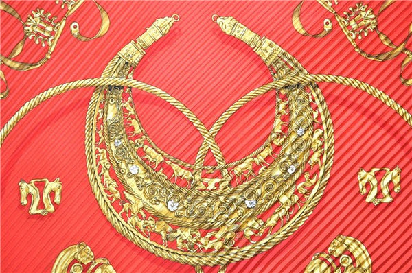 Authentic HERMES Pleats Scarf "LES CAVALIERS D'OR" Silk Red Box 3187F