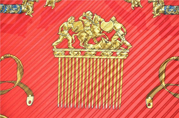 Authentic HERMES Pleats Scarf "LES CAVALIERS D'OR" Silk Red Box 3187F