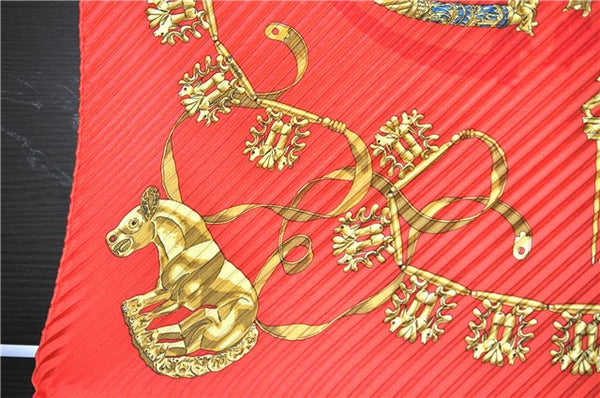 Authentic HERMES Pleats Scarf "LES CAVALIERS D'OR" Silk Red Box 3187F