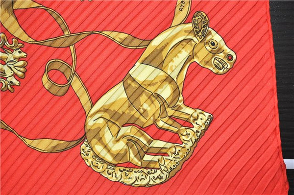 Authentic HERMES Pleats Scarf "LES CAVALIERS D'OR" Silk Red Box 3187F