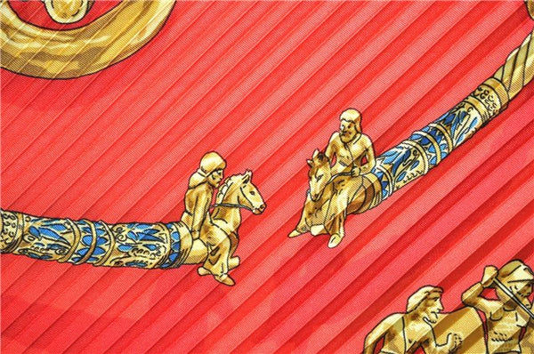 Authentic HERMES Pleats Scarf "LES CAVALIERS D'OR" Silk Red Box 3187F