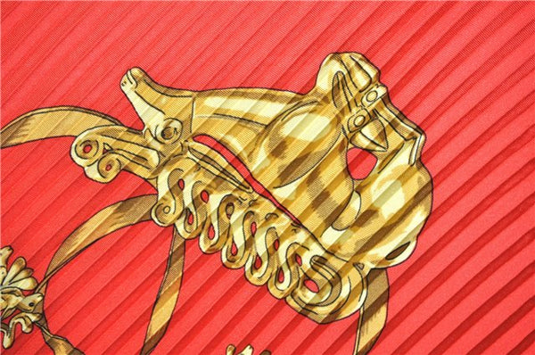 Authentic HERMES Pleats Scarf "LES CAVALIERS D'OR" Silk Red Box 3187F