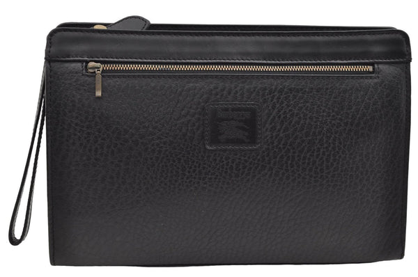 Authentic Burberrys Vintage Leather Clutch Hand Bag Purse Black 3188E
