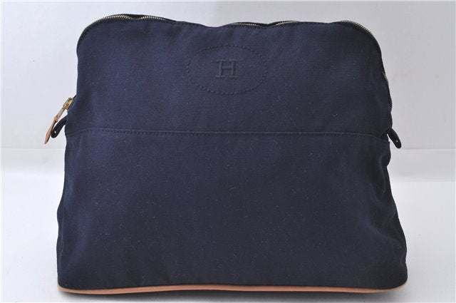 Authentic HERMES Bolide GM Cosmetic Pouch Purse Canvas Leather Blue 3189D