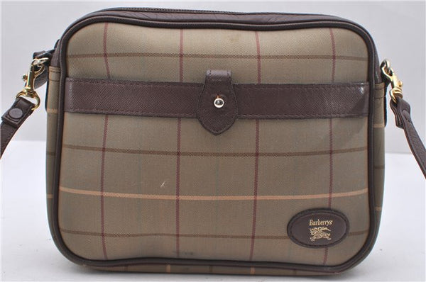 Authentic Burberrys Check Shoulder Cross Body Bag Canvas Leather Khaki 3191D