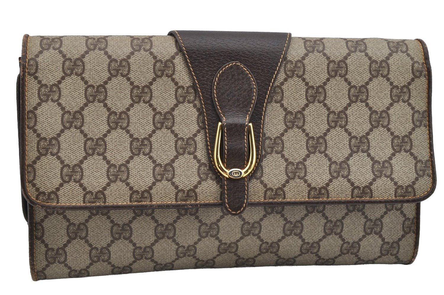 Authentic GUCCI 2Way Shoulder Clutch Bag Purse GG PVC Leather Brown 3197I