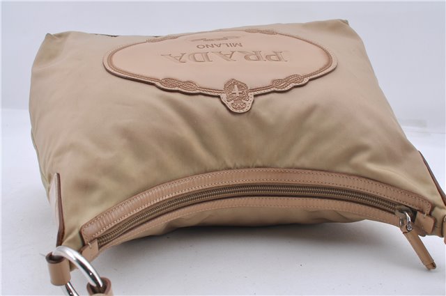 Authentic PRADA Nylon Enamel Logo Shoulder Bag Beige 3200D