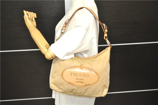 Authentic PRADA Nylon Enamel Logo Shoulder Bag Beige 3200D