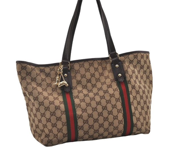 Authentic GUCCI Web Sherry Line Tote Bag GG Canvas Leather 139260 Brown 3200I