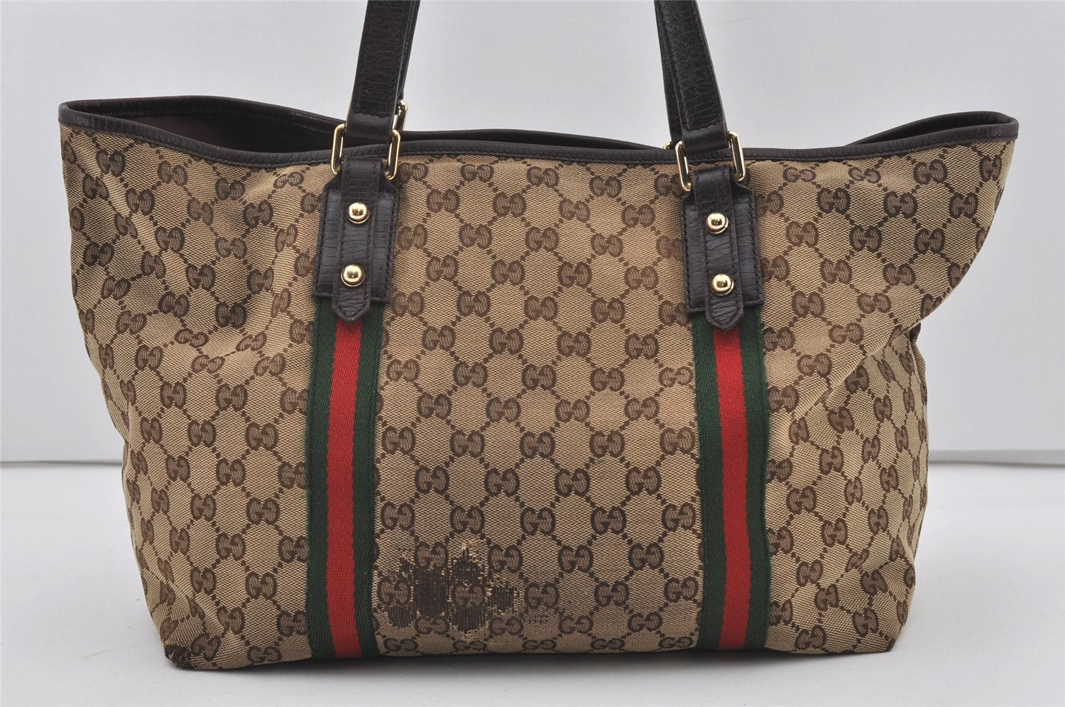 Authentic GUCCI Web Sherry Line Tote Bag GG Canvas Leather 139260 Brown 3200I