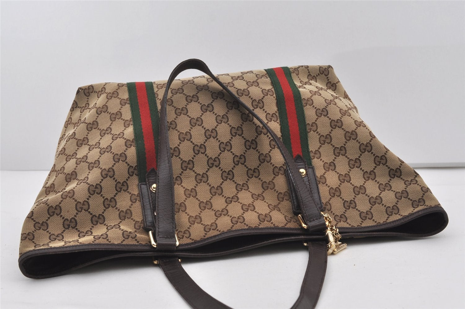 Authentic GUCCI Web Sherry Line Tote Bag GG Canvas Leather 139260 Brown 3200I