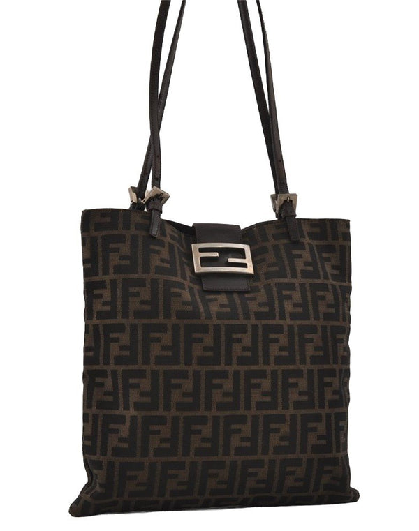 Authentic FENDI Zucca Vintage Shoulder Tote Bag Canvas Leather Brown Black 3201I