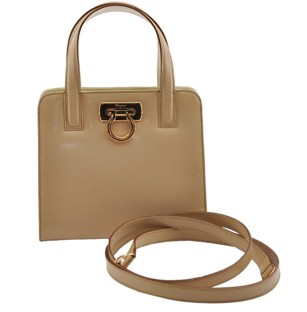 Authentic Salvatore Ferragamo Gancini Leather 2Way Shoulder Hand Bag Beige 3205I