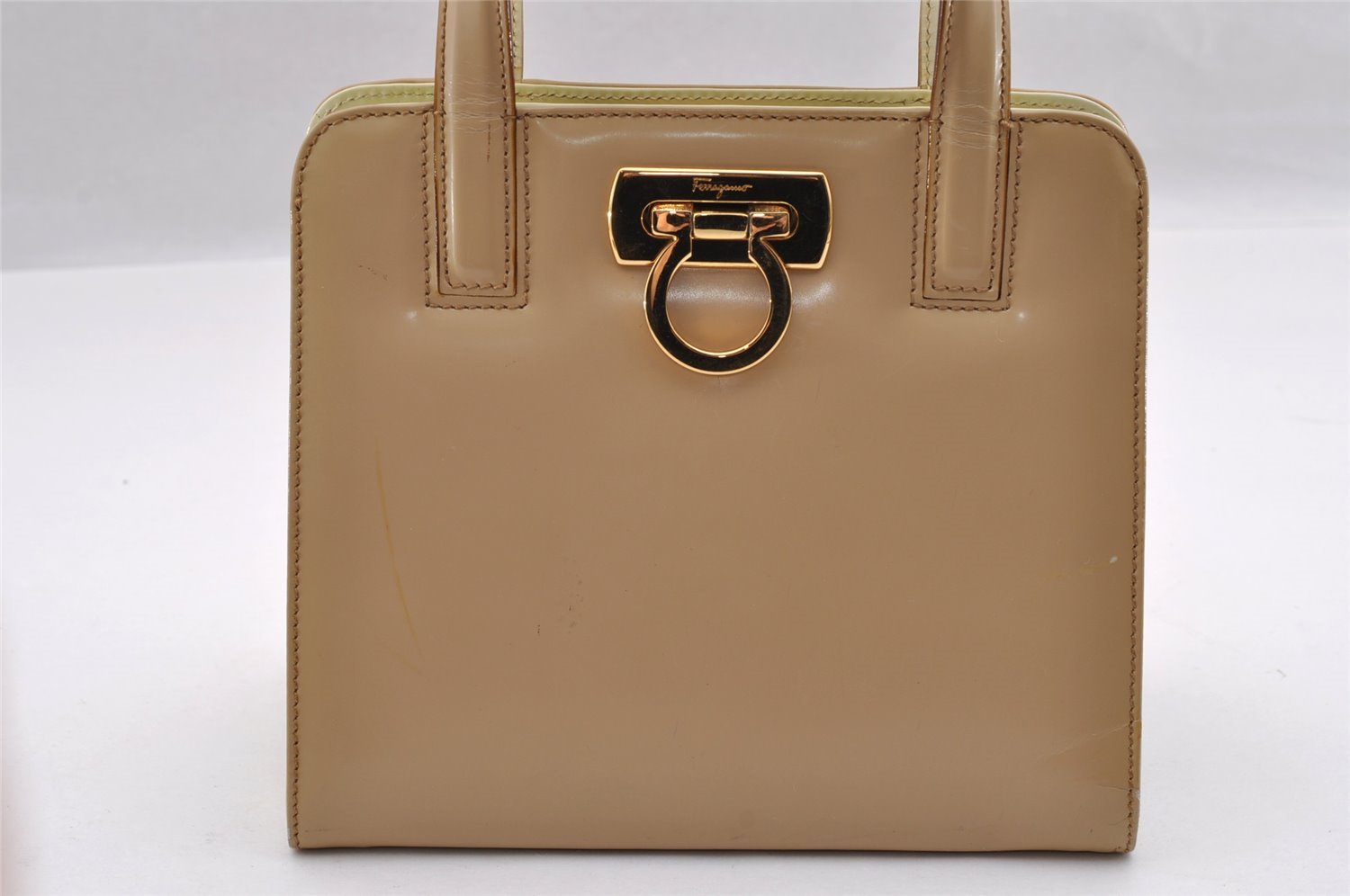 Authentic Salvatore Ferragamo Gancini Leather 2Way Shoulder Hand Bag Beige 3205I