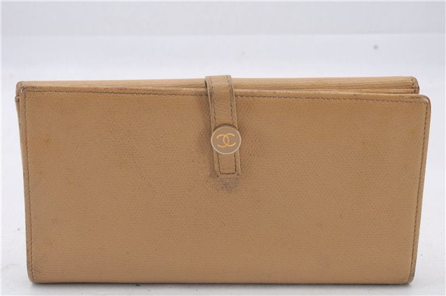 Authentic CHANEL Calf Skin CoCo Button Long Wallet Purse Beige 3211D