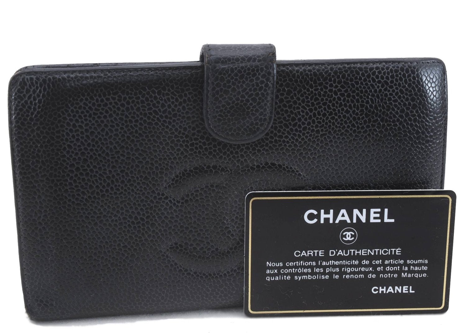 Authentic CHANEL Caviar Skin CC Logo Bifold Wallet Purse Black 3213D