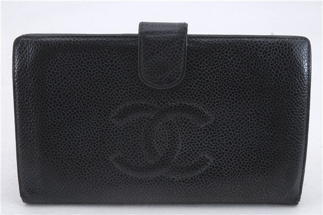 Authentic CHANEL Caviar Skin CC Logo Bifold Wallet Purse Black 3213D