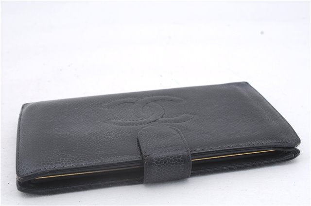 Authentic CHANEL Caviar Skin CC Logo Bifold Wallet Purse Black 3213D