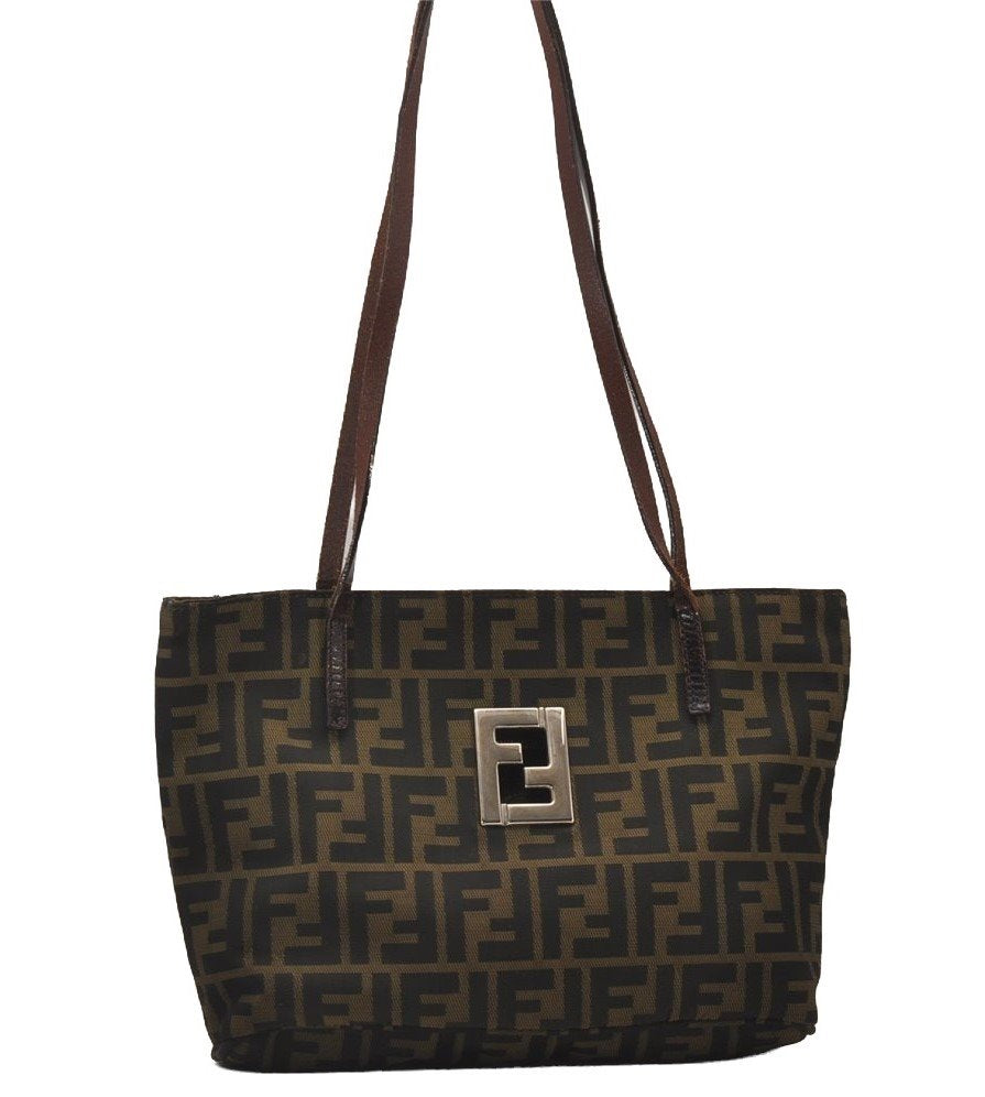 Authentic FENDI Zucca Shoulder Tote Bag Nylon Leather Purse Brown 3215I