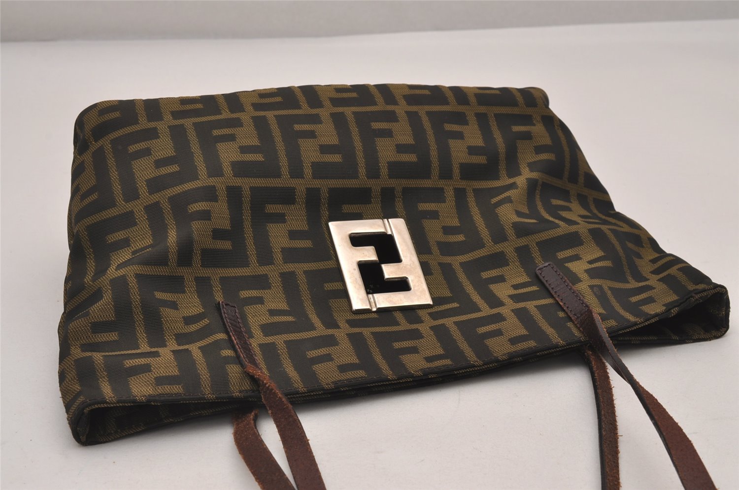 Authentic FENDI Zucca Shoulder Tote Bag Nylon Leather Purse Brown 3215I