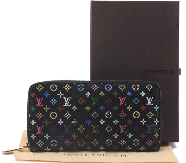 Auth Louis Vuitton Monogram Multicolor Zippy Wallet Purse Black M60243 Box 3217D