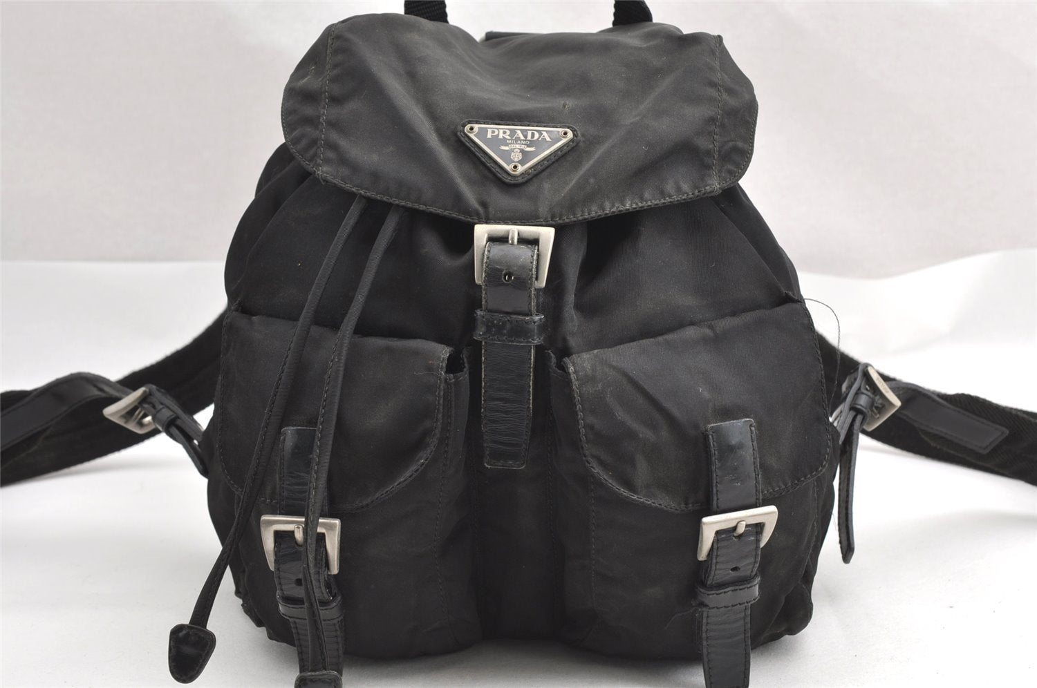 Authentic PRADA Vintage Nylon Tessuto Leather Backpack Purse Black 3217I