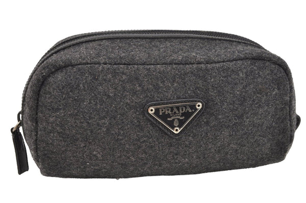 Authentic PRADA Vintage Wool Leather Pouch Purse Gray 3218I