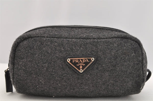 Authentic PRADA Vintage Wool Leather Pouch Purse Gray 3218I