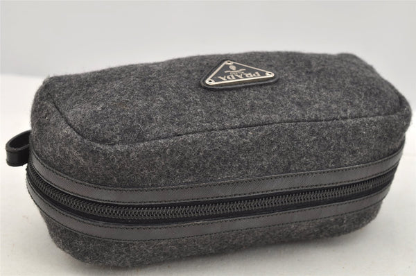 Authentic PRADA Vintage Wool Leather Pouch Purse Gray 3218I