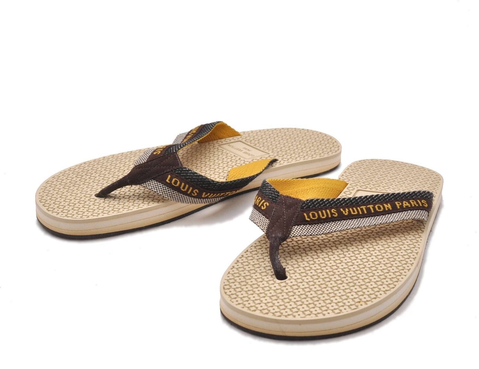 Authentic LOUIS VUITTON Flip Flops Sandals Rubber US Size 7 Ivory Brown LV 3222B