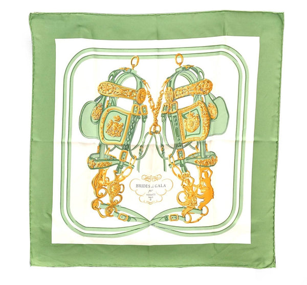 Auth HERMES Petit Carre 40 Scarf Handkerchief "BRIDES de GALA" Silk Green 3226D